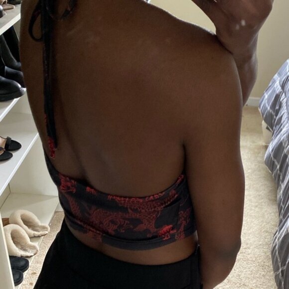 Chinese Dragon Print Asymmetrical Hem Crop Halter Top - Picture 4 of 4